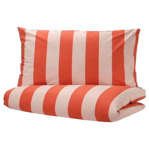 BARNDRÖM Sarung duvet dan sarung bantal, merah jambu merah/corak berjalur-jalur, 150x200/50x80 cm