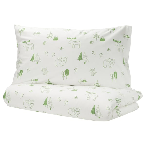 BARNDRÖM Sarung duvet dan sarung bantal, putih hijau/hutan, 150x200/50x80 cm