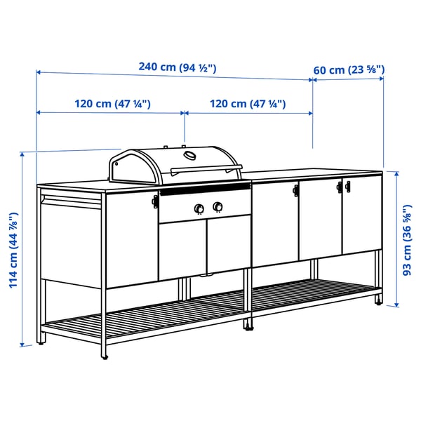 BÅTSKÄR Dapur luar dengan barbeku arang, kelabu gelap, 240x60 cm