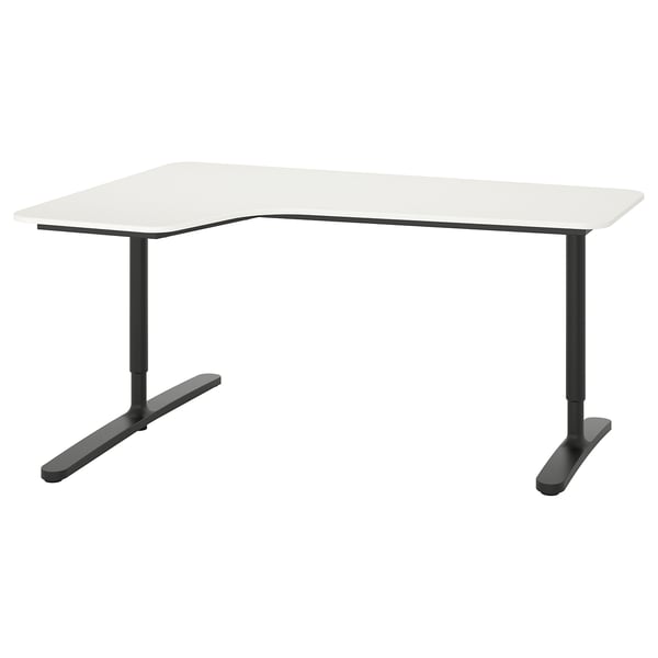 BEKANT Meja penjuru kiri, putih/hitam, 160x110 cm