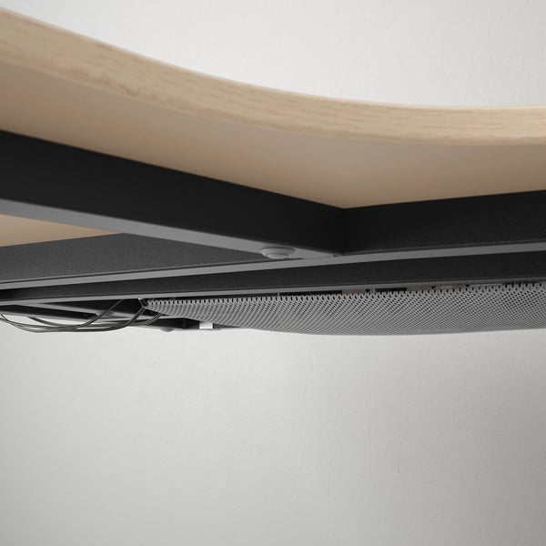 BEKANT Meja penjuru kiri, Venir kayu oak berwarna putih/hitam, 160x110 cm