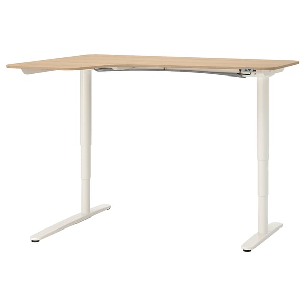BEKANT P'juru meja duduk/b'diri kiri, Venir kayu oak berwarna putih/putih, 160x110 cm