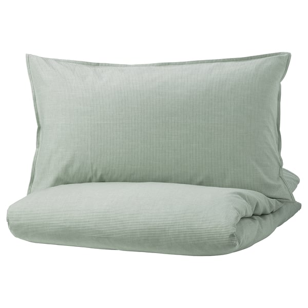 BERGPALM Sarung duvet dan 2 sarung bantal, hijau/jalur, 200x200/50x80 cm