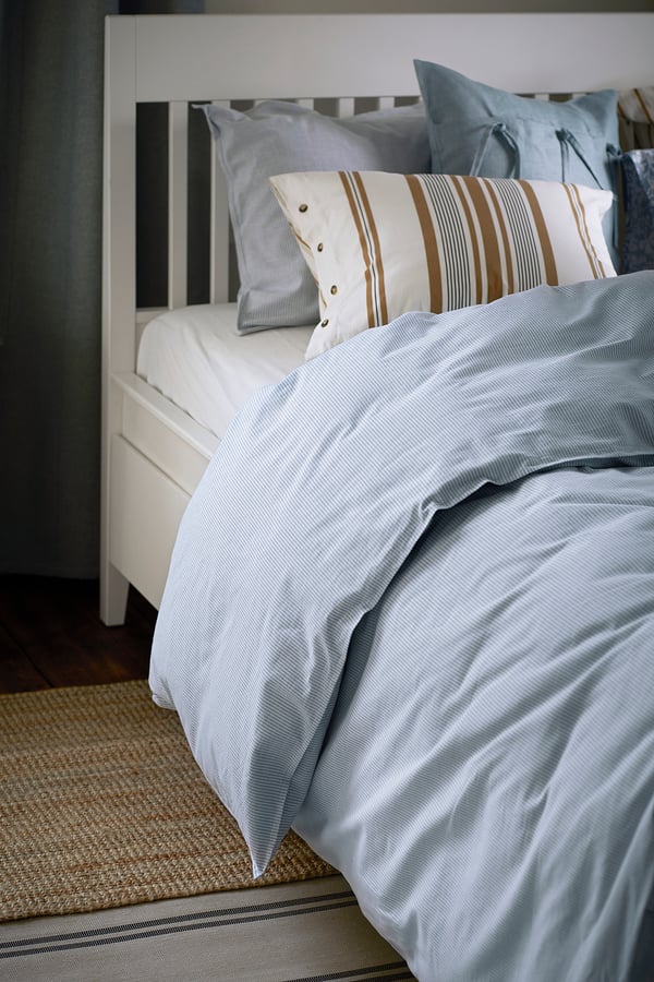 BERGPALM Sarung duvet dan sarung bantal, biru/berjalur, 150x200/50x80 cm