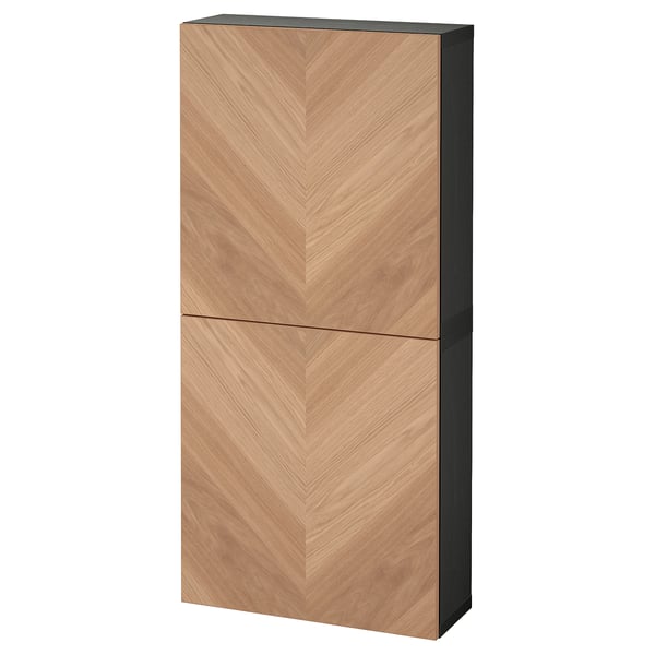 BESTÅ Kabinet dinding 2 pintu, hitam coklat/Hedeviken venir kayu oak, 60x22x128 cm