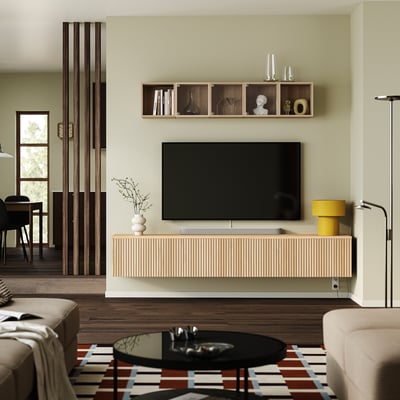 BESTÅ Kabinet TV berpintu, hitam coklat/Björköviken venir kayu oak, 240x42x40 cm