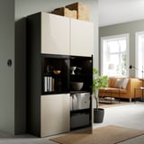 BESTÅ Komb storan dgn pintu kaca, hitam coklat/Selsviken kc jrnh kng/brklt, 120x42x193 cm