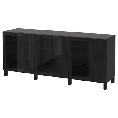 BESTÅ Kombinasi storan berpintu, hitam coklat/Glassvik/Stubbarp kaca hitam/lut sinar, 180x42x74 cm