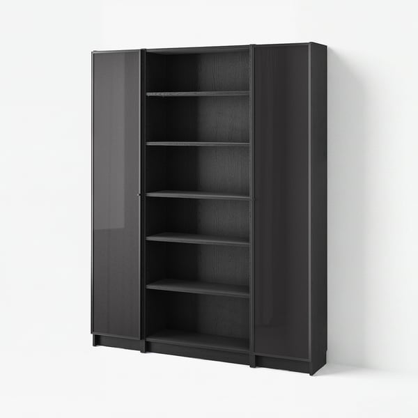 BILLY / HÖGBO Kombinasi rak buku + pintu kaca, hitam kesan kayu oak, 160x202 cm