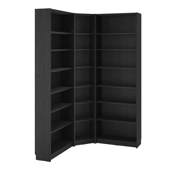 BILLY Komb. sudut rak buku+unit sambungan, hitam kesan kayu oak, 136/136x28x237 cm