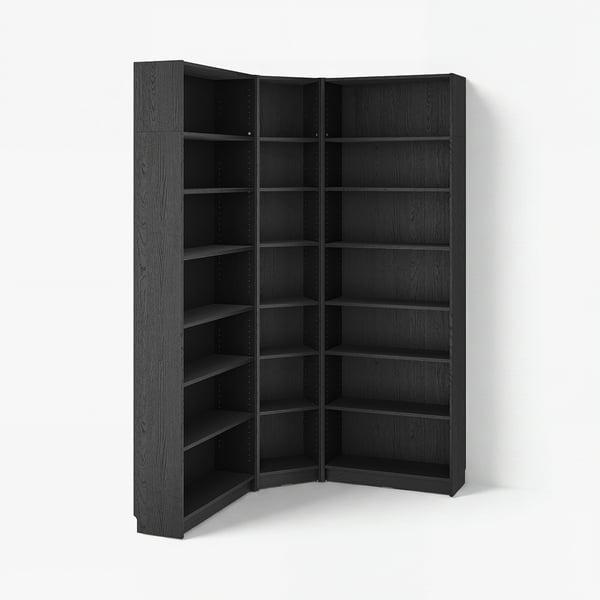 BILLY Komb. sudut rak buku+unit sambungan, hitam kesan kayu oak, 136/136x28x237 cm
