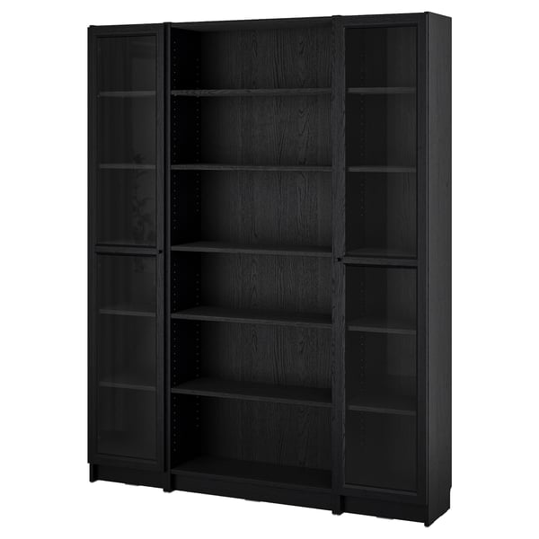 BILLY / OXBERG Kombinasi rak buku + pintu kaca, hitam kesan kayu oak, 160x202 cm