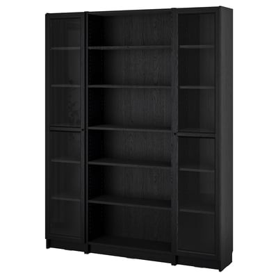 BILLY / OXBERG Kombinasi rak buku + pintu kaca, hitam kesan kayu oak, 160x202 cm