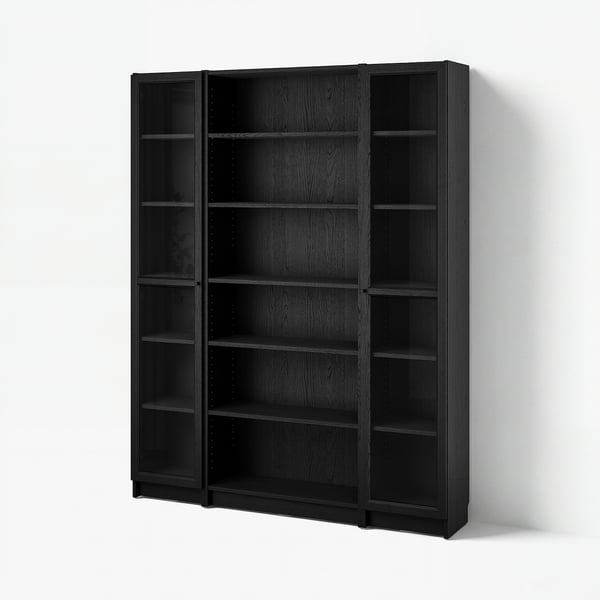 BILLY / OXBERG Kombinasi rak buku + pintu kaca, hitam kesan kayu oak, 160x202 cm