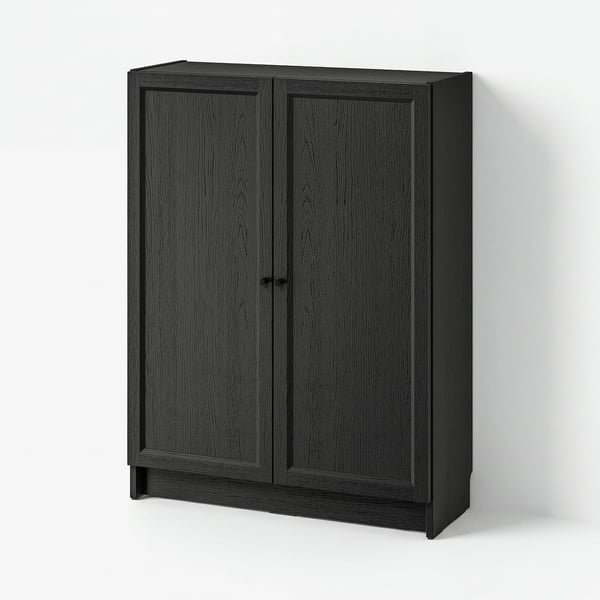 BILLY / OXBERG Rak buku berpintu, hitam kesan kayu oak, 80x30x106 cm