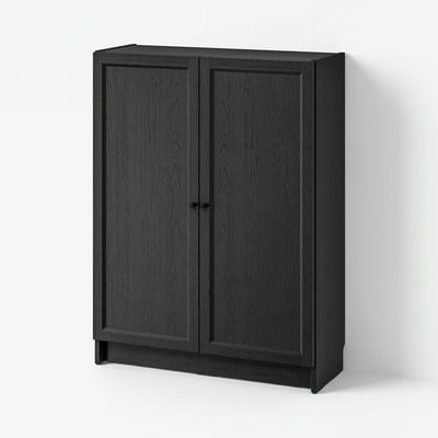 BILLY / OXBERG Rak buku berpintu, hitam kesan kayu oak, 80x30x106 cm
