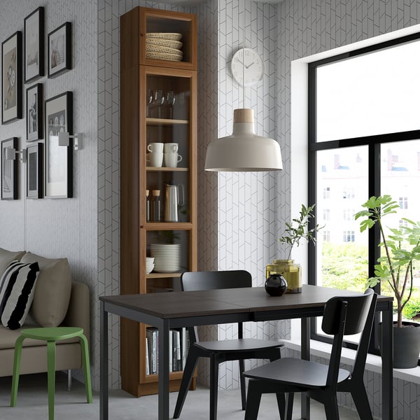 BILLY / OXBERG Rak buku+pintu kaca/unit sambungan, coklat kesan kayu walnut, 40x30x237 cm