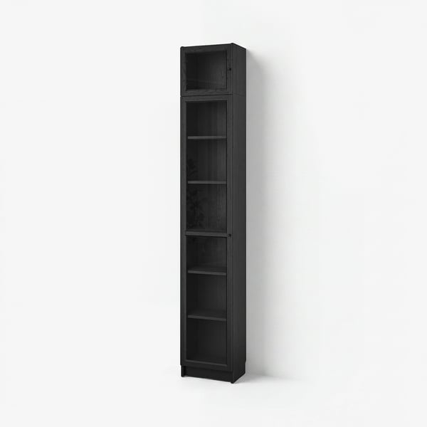 BILLY / OXBERG Rak buku+pintu kaca/unit sambungan, hitam kesan kayu oak, 40x30x237 cm