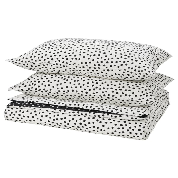 BJÖRKGRÅMAL Sarung duvet dan 2 sarung bantal, hitam putih/berbintik, 240x220/50x80 cm