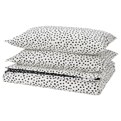 BJÖRKGRÅMAL Sarung duvet dan 2 sarung bantal, hitam putih/berbintik, 200x200/50x80 cm