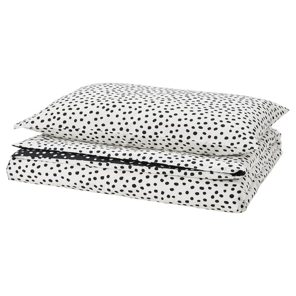 BJÖRKGRÅMAL Sarung duvet dan sarung bantal, hitam putih/berbintik, 150x200/50x80 cm