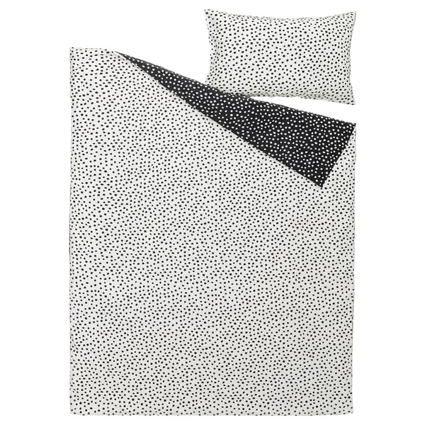 BJÖRKGRÅMAL Sarung duvet dan sarung bantal, hitam putih/berbintik, 150x200/50x80 cm