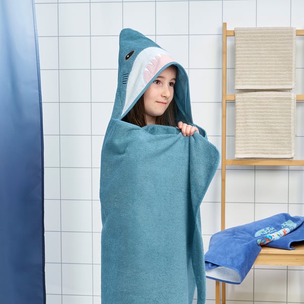 BLÅVINGAD Tuala bertudung, bentuk ikan yu/biru-kelabu, 70x140 cm