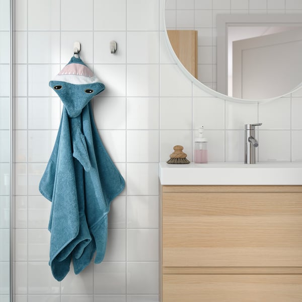 BLÅVINGAD Tuala bertudung, bentuk ikan yu/biru-kelabu, 70x140 cm