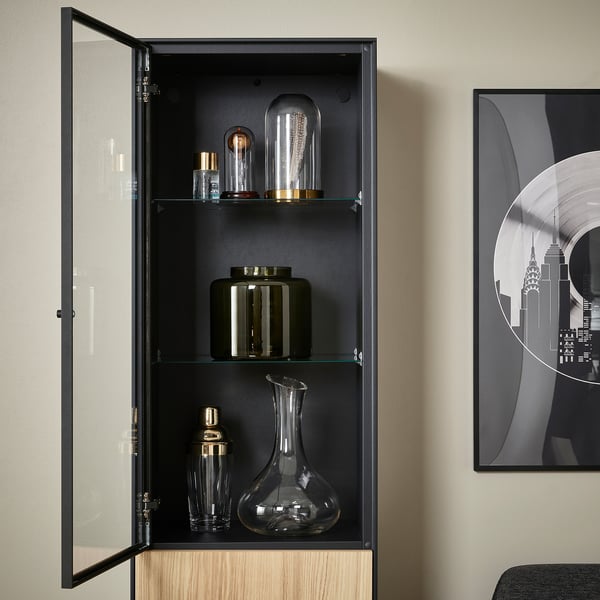 BOASTAD Kabinet tinggi, hitam/venir kayu oak, 41x32x185 cm