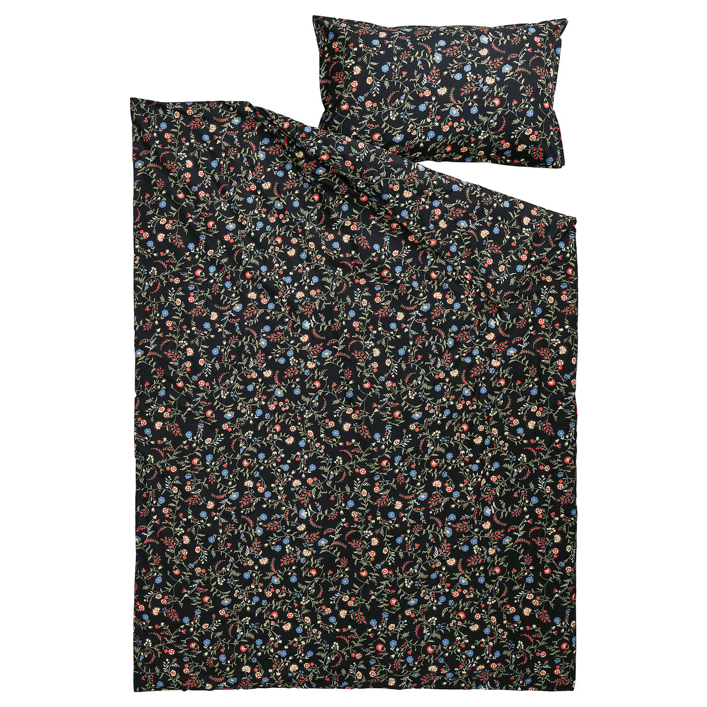 BRUDKRUSBÄR Sarung duvet dan sarung bantal, hitam pelbagai warna/corak bunga-bungaan, 150x200/50x80 cm