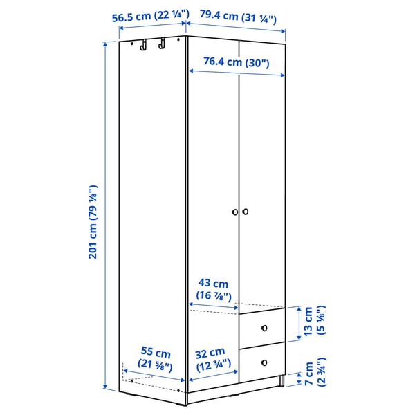 BRUKSVARA Almari pakaian + 2 pintu & 2 laci, putih, 79x57x201 cm