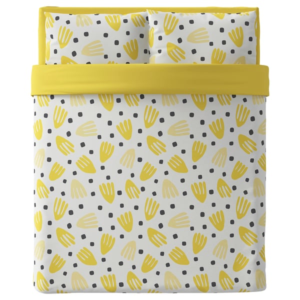 BRUKSVARA Set 4 unit linen tempat tidur, putih/kuning, 200x200 cm