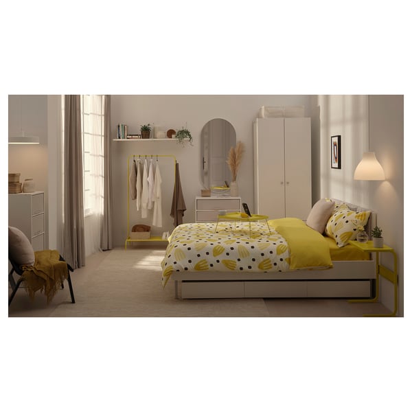BRUKSVARA Set 4 unit linen tempat tidur, putih/kuning, 200x200 cm
