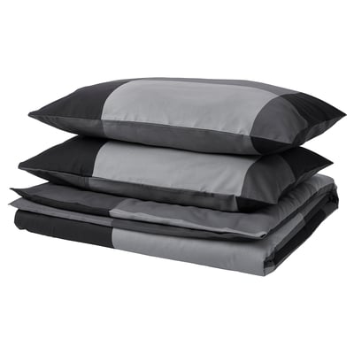 BRUNKRISSLA Sarung duvet dan 2 sarung bantal, hitam, 200x200/50x80 cm