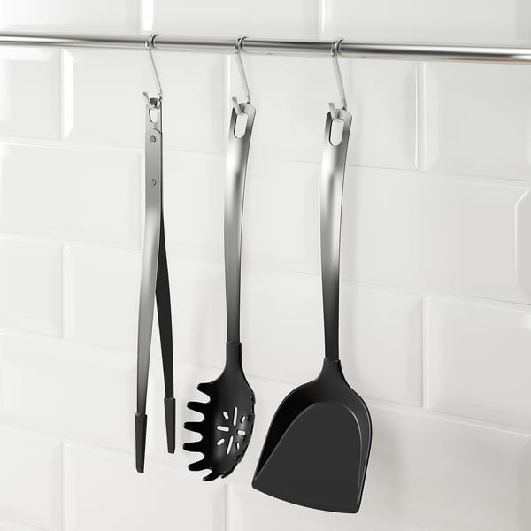 DIREKT Set 3 unit peralatan dapur, hitam/keluli tahan karat