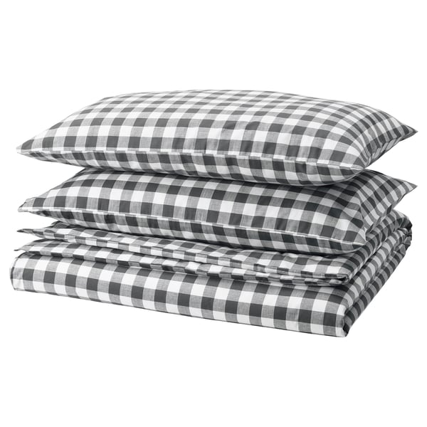 EKTANDVINGE Sarung duvet dan 2 sarung bantal, antrasit putih/berpetak, 240x220/50x80 cm