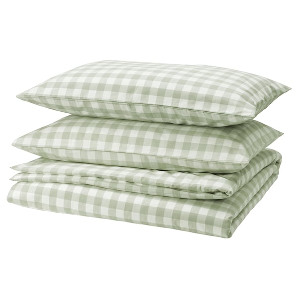 EKTANDVINGE Sarung duvet dan 2 sarung bantal, kelabu hijau pudar putih/berpetak, 240x220/50x80 cm