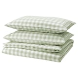 EKTANDVINGE Sarung duvet dan 2 sarung bantal, kelabu hijau pudar putih/berpetak, 240x220/50x80 cm