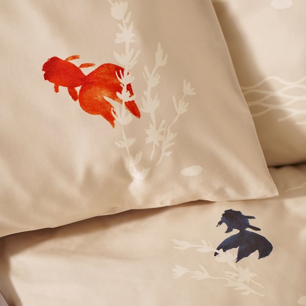 FÖSSTA Sarung duvet dan sarung bantal, ikan emas/kuning air, 150x200/50x80 cm