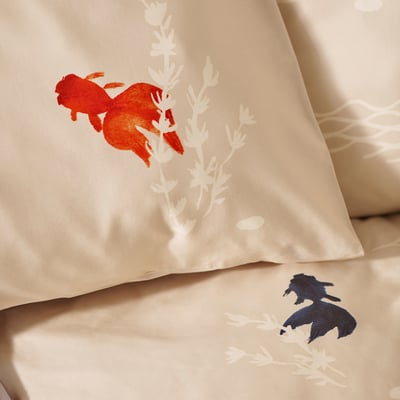 FÖSSTA Sarung duvet dan sarung bantal, ikan emas/kuning air, 150x200/50x80 cm