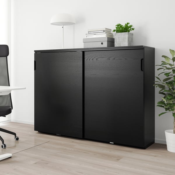 GALANT Kabinet dengan pintu gelangsar, venir kayu ash diwarna hitam, 160x120 cm
