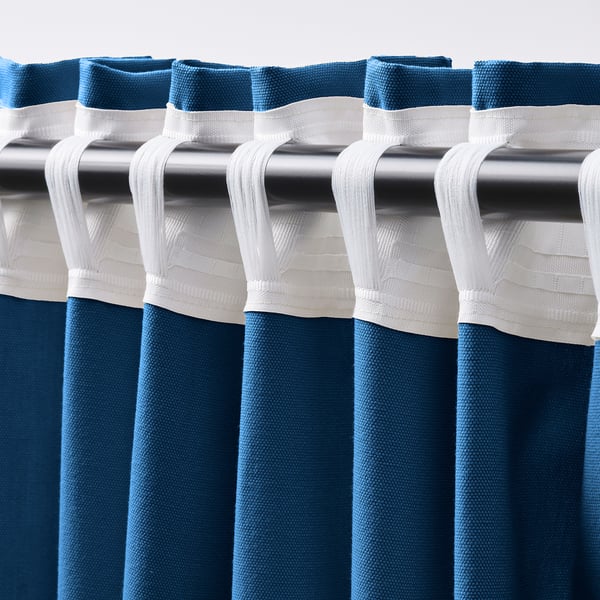 GINSTMOTT Langsir, 1 pasang, biru gelap/dengan pita tendas, 145x250 cm
