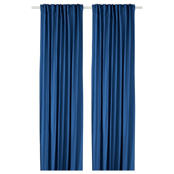 GINSTMOTT Langsir, 1 pasang, biru gelap/dengan pita tendas, 145x250 cm