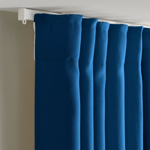 GINSTMOTT Langsir, 1 pasang, biru gelap/dengan pita tendas, 145x250 cm