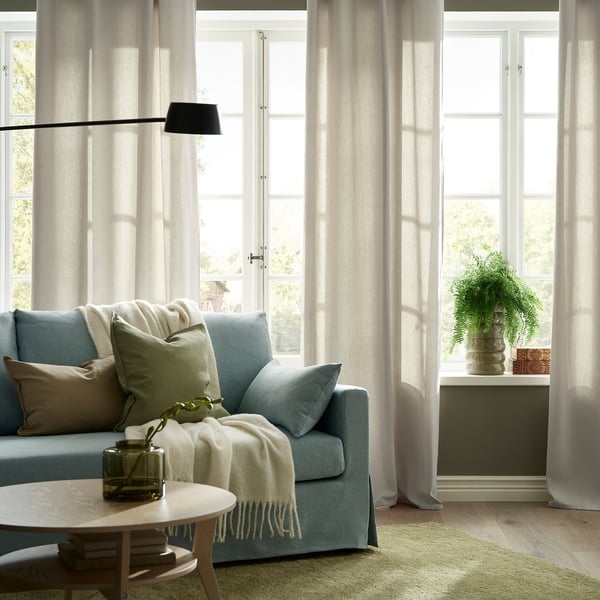 GINSTMOTT Langsir, 1 pasang, kuning air/dengan pita tendas, 145x250 cm