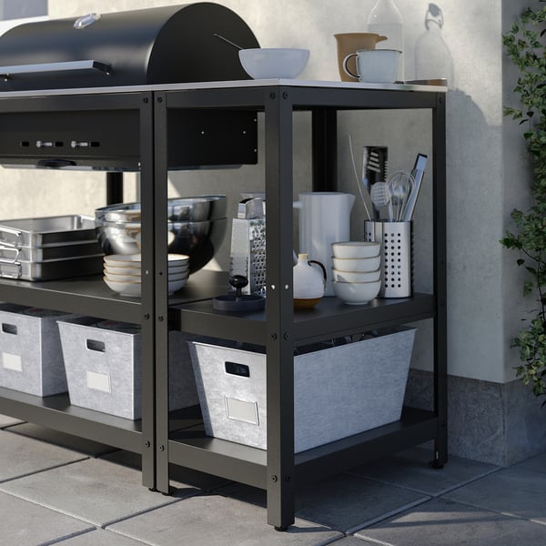 GRILLSKÄR Pulau dapur, hitam/keluli tahan karat di luar bangunan, 39x61 cm