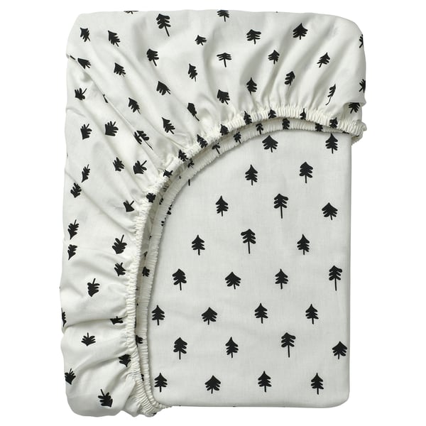GRÖNFINK Cadar sama sendat untuk katil bayi, putih/corak pokok, 60x120 cm