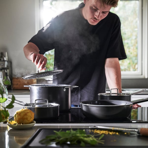 GULDÖRING Set 8 unit alat memasak, salutan tidak melekat keluli tahan karat/hitam kelabu