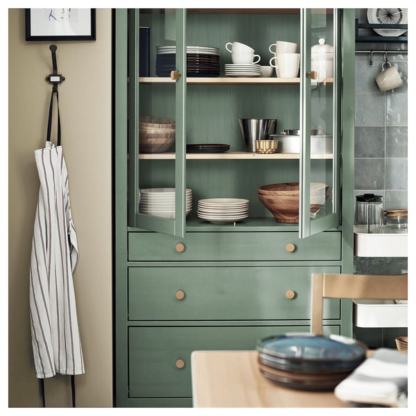 HEMNES Kabinet pintu kaca dengan 3 laci, kelabu-hijau/berwarna coklat muda, 90x197 cm