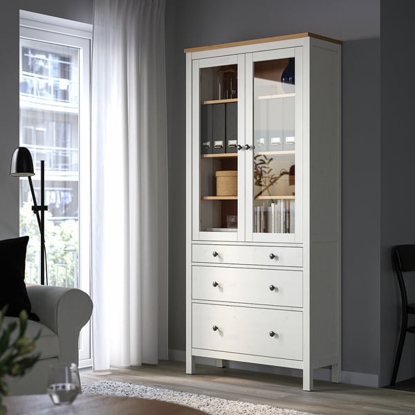 HEMNES Kabinet pintu kaca dengan 3 laci, kemasan putih/coklat muda, 90x198 cm